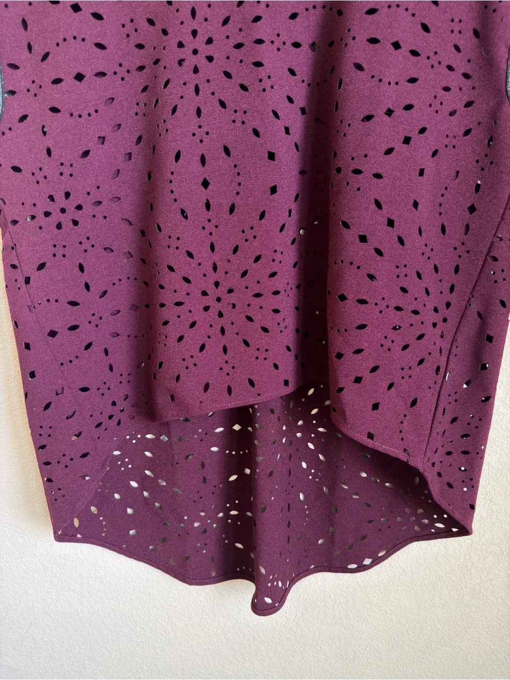 Alberto Makali Laser Cut High Low Blouse XL Purple Faux Leather Trim Artsy EUC